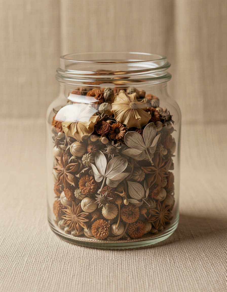 Apothecary glass with raw botanicals